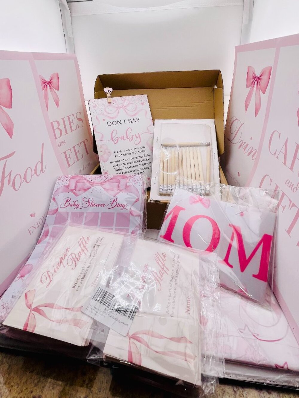 Pink Bow Baby Shower Kit Decorations Games Sash Tablecloth Signs